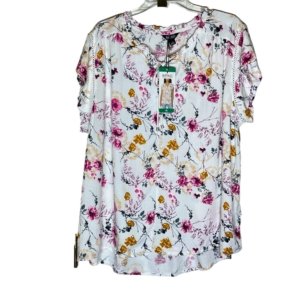 Buffalo David Bitton Printed Floral Jacquard Flutter Sleeve Tie Front Top XL